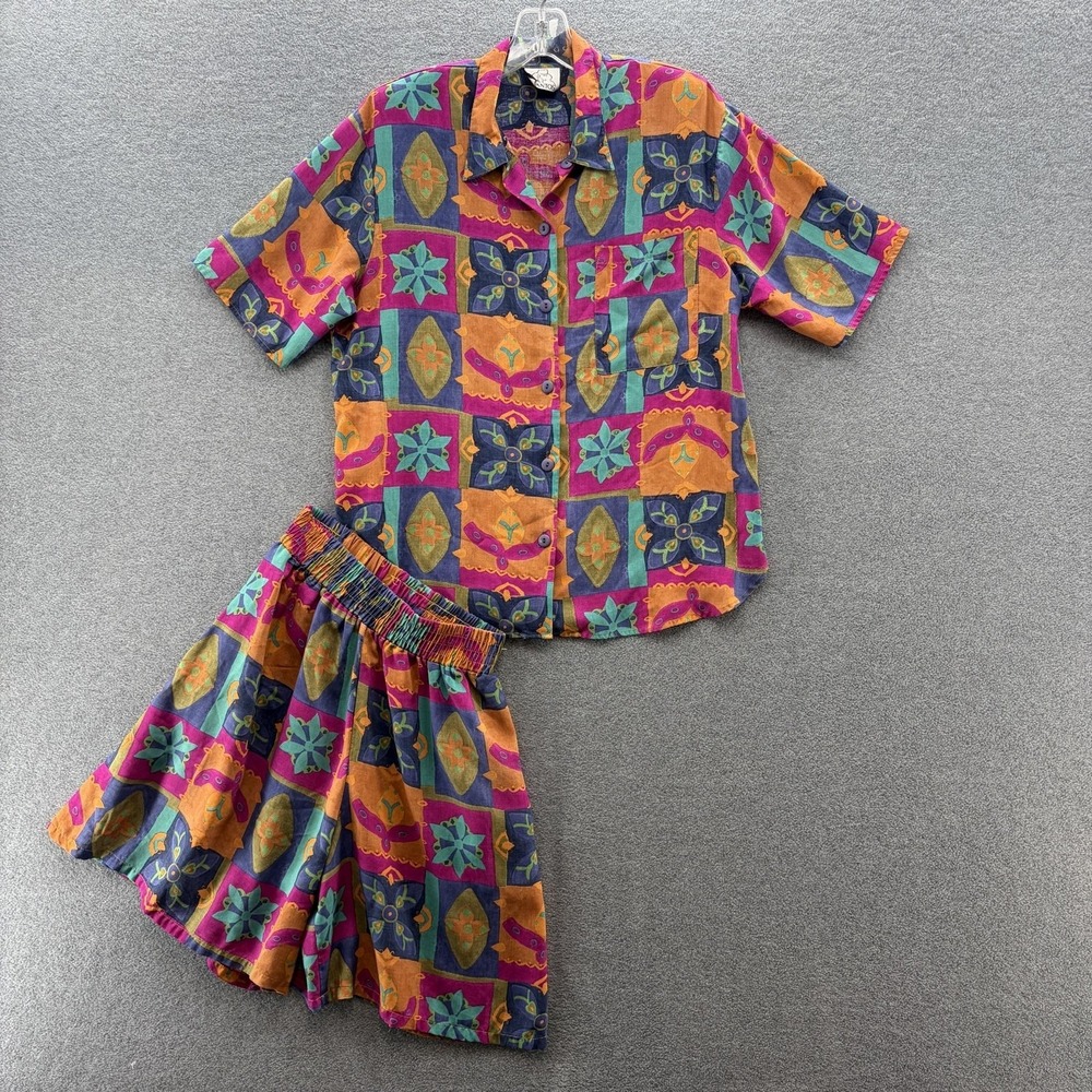 VTG 80s Gantos Shirt Shorts Set Womens Small Multicolor Patchwork Rayon 2 Piece